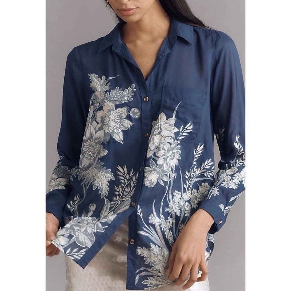Anthropologie Pilcro Navy Blue Floral Modal Button Down Shirt Medium Semi-Sheer - Picture 1 of 12